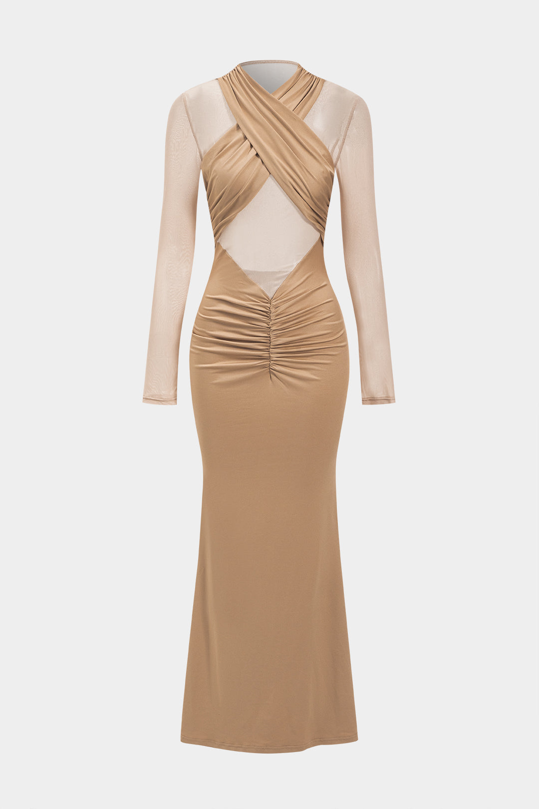 Crossed Mesh Sheer V-Neck Long Sleeve Maxi Dress 