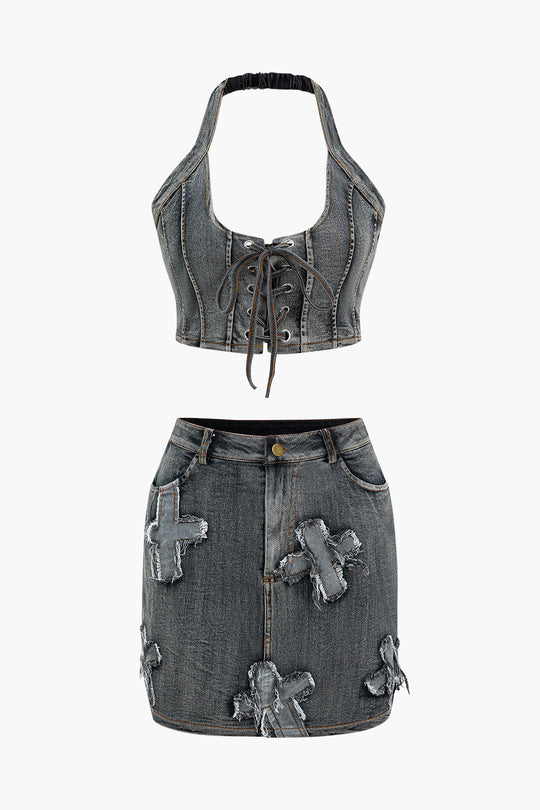 Denim Halter Top with Bow Detail and Mini Skirt Set