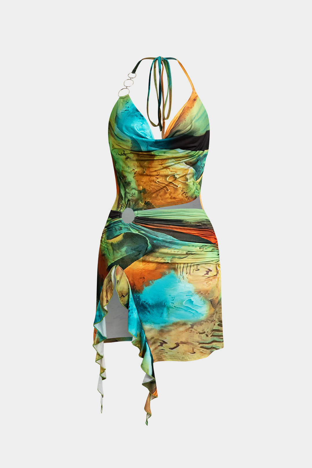 Abstract Print Halter Cowl Neck Split Mini Dress 