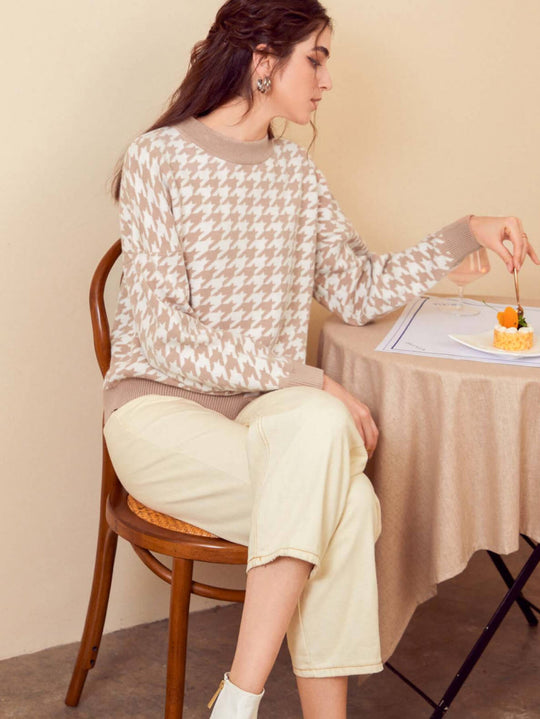 Houndstooth Ribbed Trim Sweater | Long Sleeve | Casual Dropped Shoulder Sweater