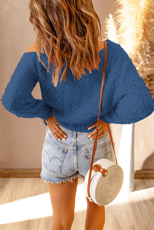 Women's Cable-Knit Eyelash Sweater | Asymmetrical Neckline | Cold-Shoulder Design