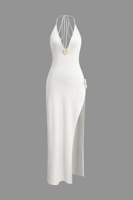 3D Flower V-Neck Backless Split Maxi Dress 