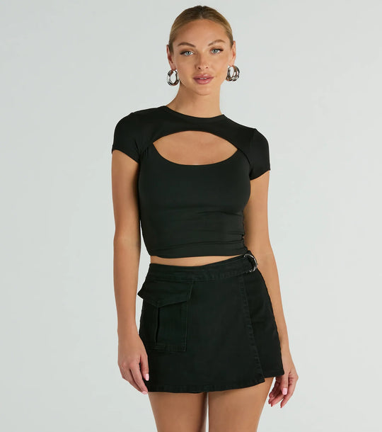 Trendsetting High-Waisted Faux Wrap Cargo Denim Skort