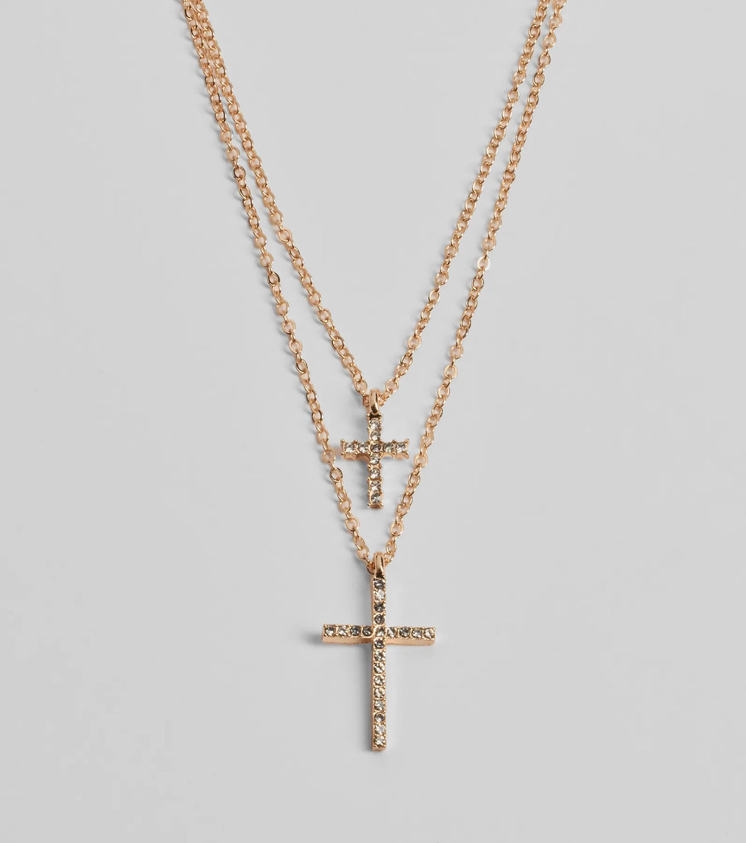 Chic Rhinestone Cross Charm Layered Necklace