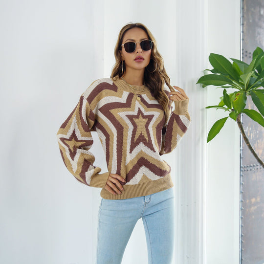 Star Fall Shoulder Sweater | Ribbed Crew Neck | Casual &amp; Chic Long Sleeves