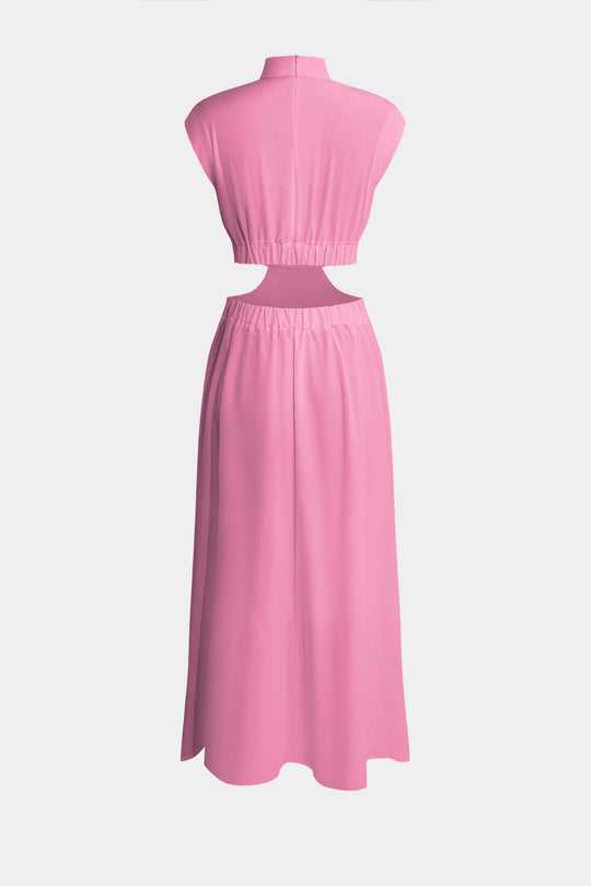 Mock Neck Cut Out Pleated Maxi Dress 