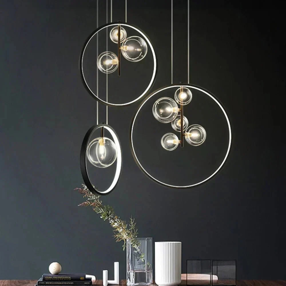 Nordic Bubble Glass Pendant Lamp with Ring Modern Hanging Light | Metal Acrylic Design | G9 LED Strip Compatible | Warm White Indoor Lighting