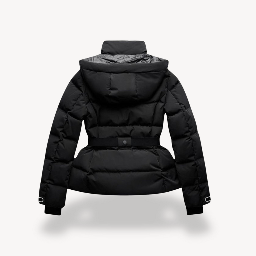 Women's Black Waterproof Padded Jacket | With High Collar and Belt | Warm Winter Coat
