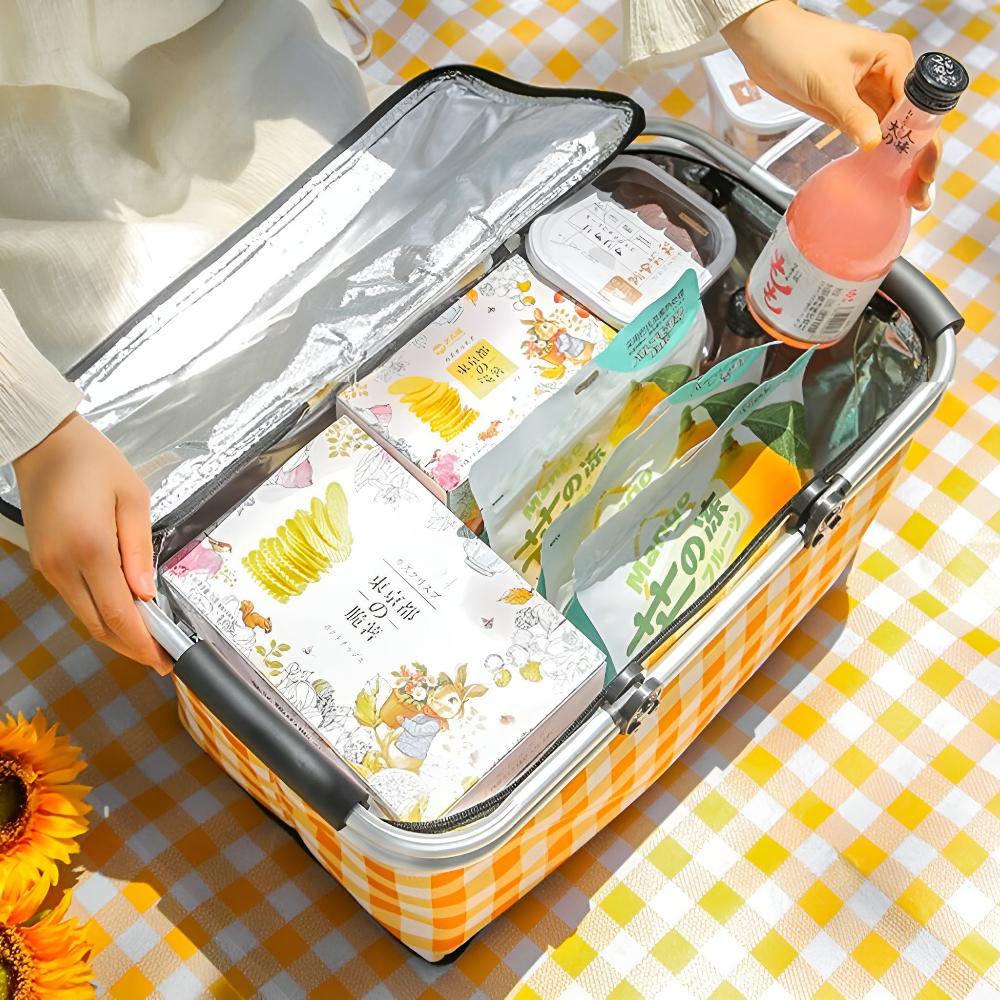 Checked Picnic Basket 22L Insulated | Foldable Oxford Fabric | Aluminum Frame 25kg Load | Zipper Closure for Picnic Beach Camping