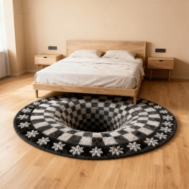 3D Black Hole Checkered Rug | Optical Illusion Non-Slip Plush Carpet | Modern Black & White Square Area Rug | Decorative Home Floor Mat