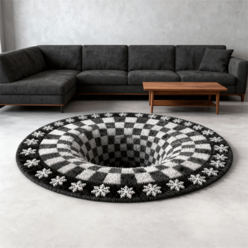 3D Black Hole Checkered Rug | Optical Illusion Non-Slip Plush Carpet | Modern Black & White Square Area Rug | Decorative Home Floor Mat