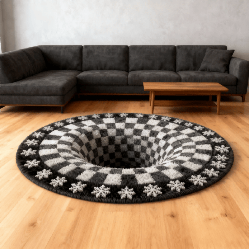 3D Black Hole Checkered Rug | Optical Illusion Non-Slip Plush Carpet | Modern Black & White Square Area Rug | Decorative Home Floor Mat