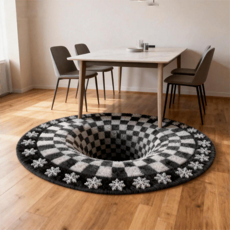 3D Black Hole Checkered Rug | Optical Illusion Non-Slip Plush Carpet | Modern Black & White Square Area Rug | Decorative Home Floor Mat