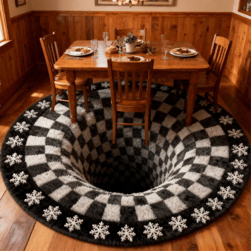 3D Black Hole Checkered Rug | Optical Illusion Non-Slip Plush Carpet | Modern Black & White Square Area Rug | Decorative Home Floor Mat