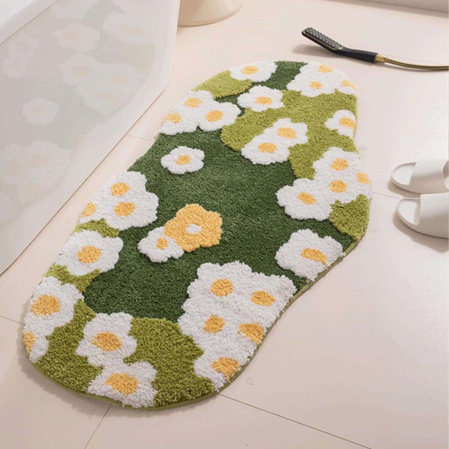 Daisy Moss Style Bath Rug | Absorbent Quick-Dry Bathroom Mat | Soft Washable Polyester Bath Carpet | Rustic Nature-Inspired Bathroom Décor