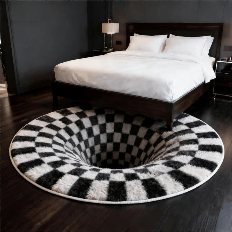3D Black Hole Checkered Rug | Optical Illusion Non-Slip Plush Carpet | Modern Black & White Square Area Rug | Decorative Home Floor Mat