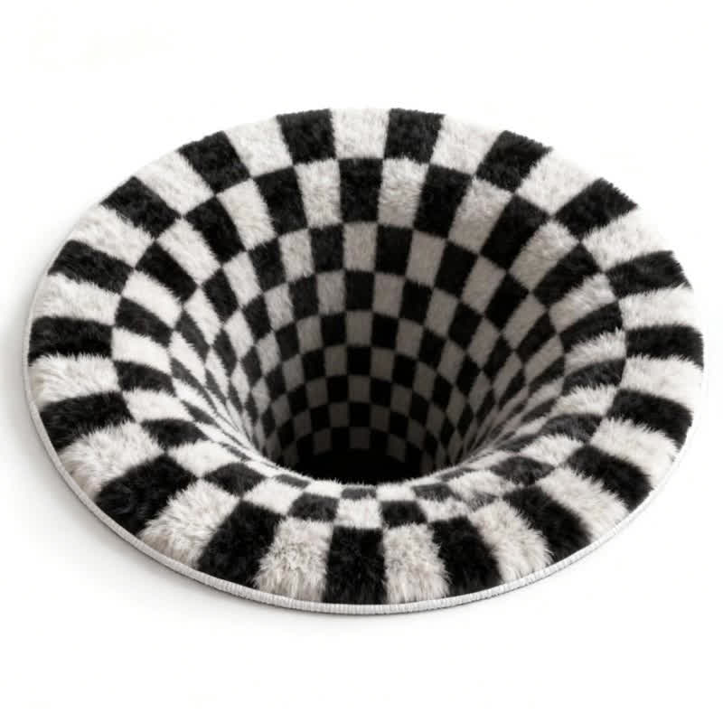 3D Black Hole Checkered Rug | Optical Illusion Non-Slip Plush Carpet | Modern Black & White Square Area Rug | Decorative Home Floor Mat