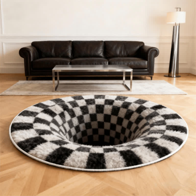 3D Black Hole Checkered Rug | Optical Illusion Non-Slip Plush Carpet | Modern Black & White Square Area Rug | Decorative Home Floor Mat