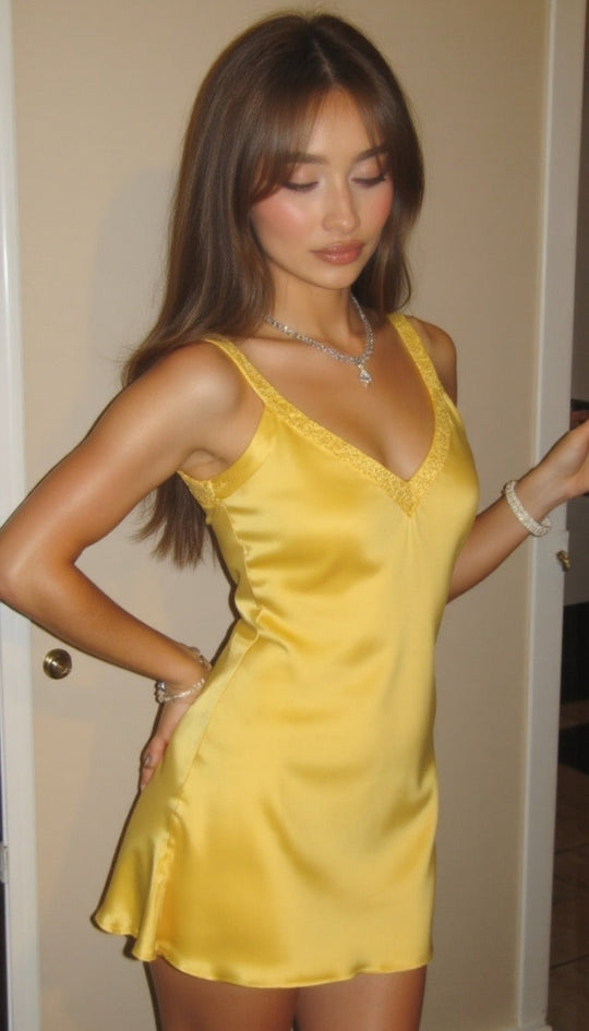 Women's Mini Dress | Yellow | Satin Look | V-Neck