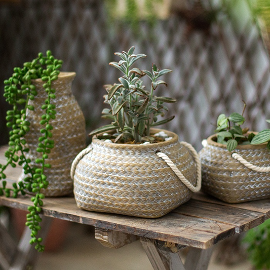Rustieke Keramische Plantenpot Terrana Jute | Henneptas Ontwerp met Touwhandvatten | Decoratieve Accent voor Binnen en Buiten | Tuin Woonkamer