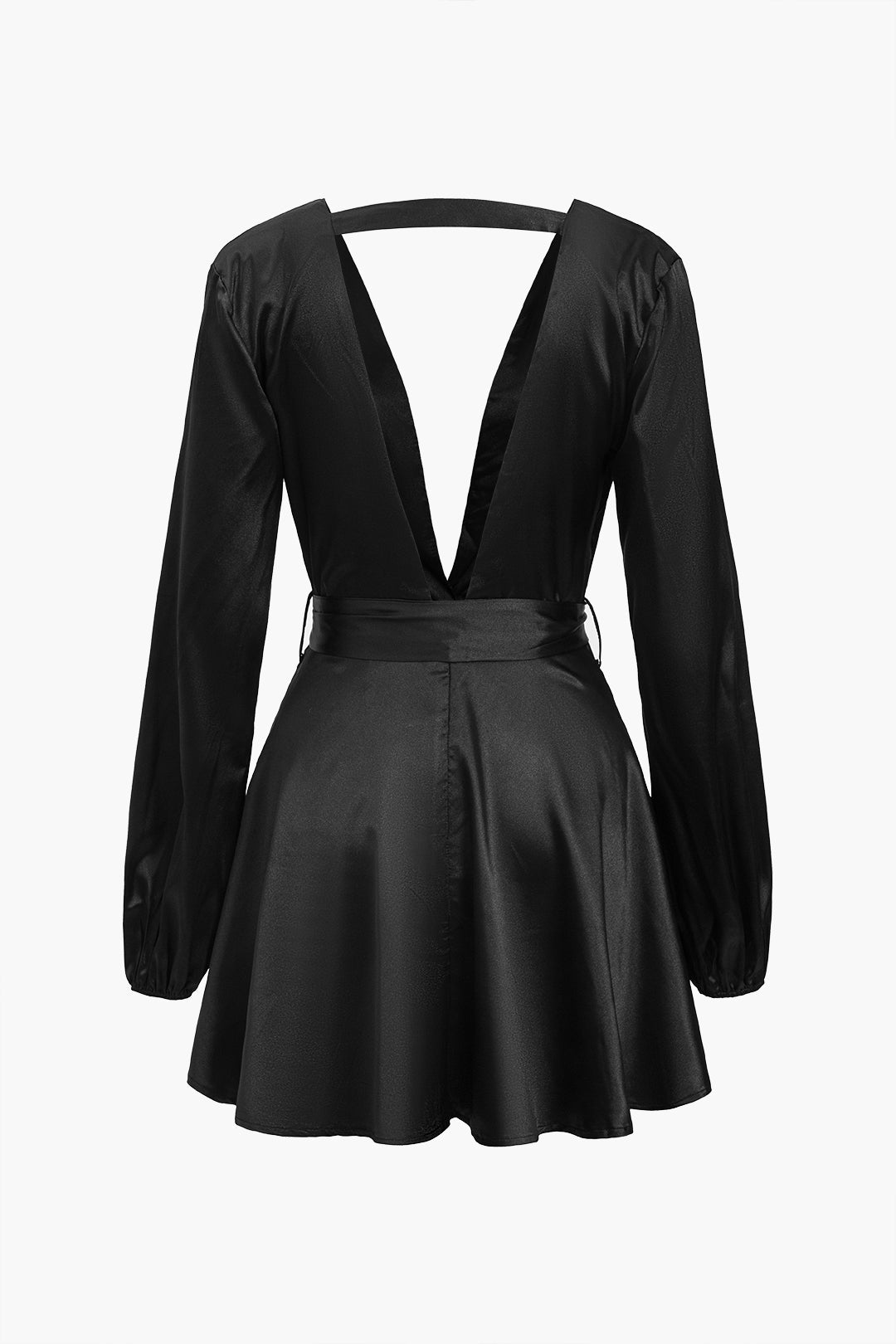 Satin Backless Belted V-Neck Mini Dress 