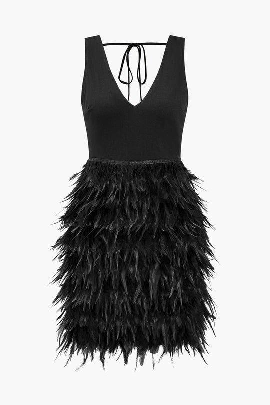 Feather V-Neck Bow Sleeveless Mini Dress 