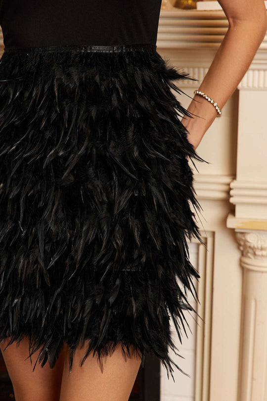 Feather V-Neck Bow Sleeveless Mini Dress 