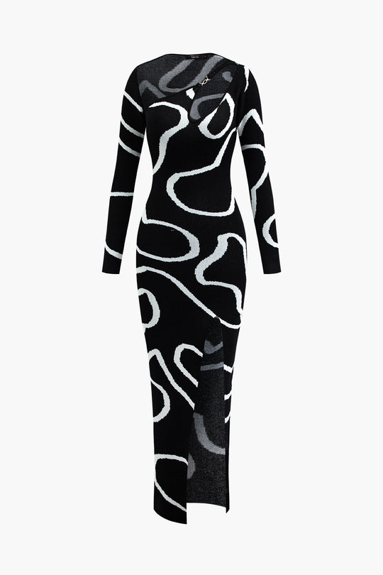 Line Pattern Cut Out Slit Wide Maxi Dress 