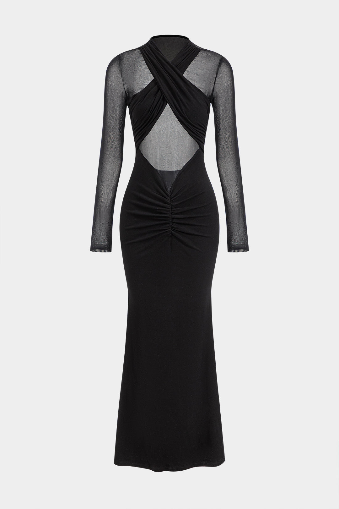 Crossed Mesh Sheer V-Neck Long Sleeve Maxi Dress 