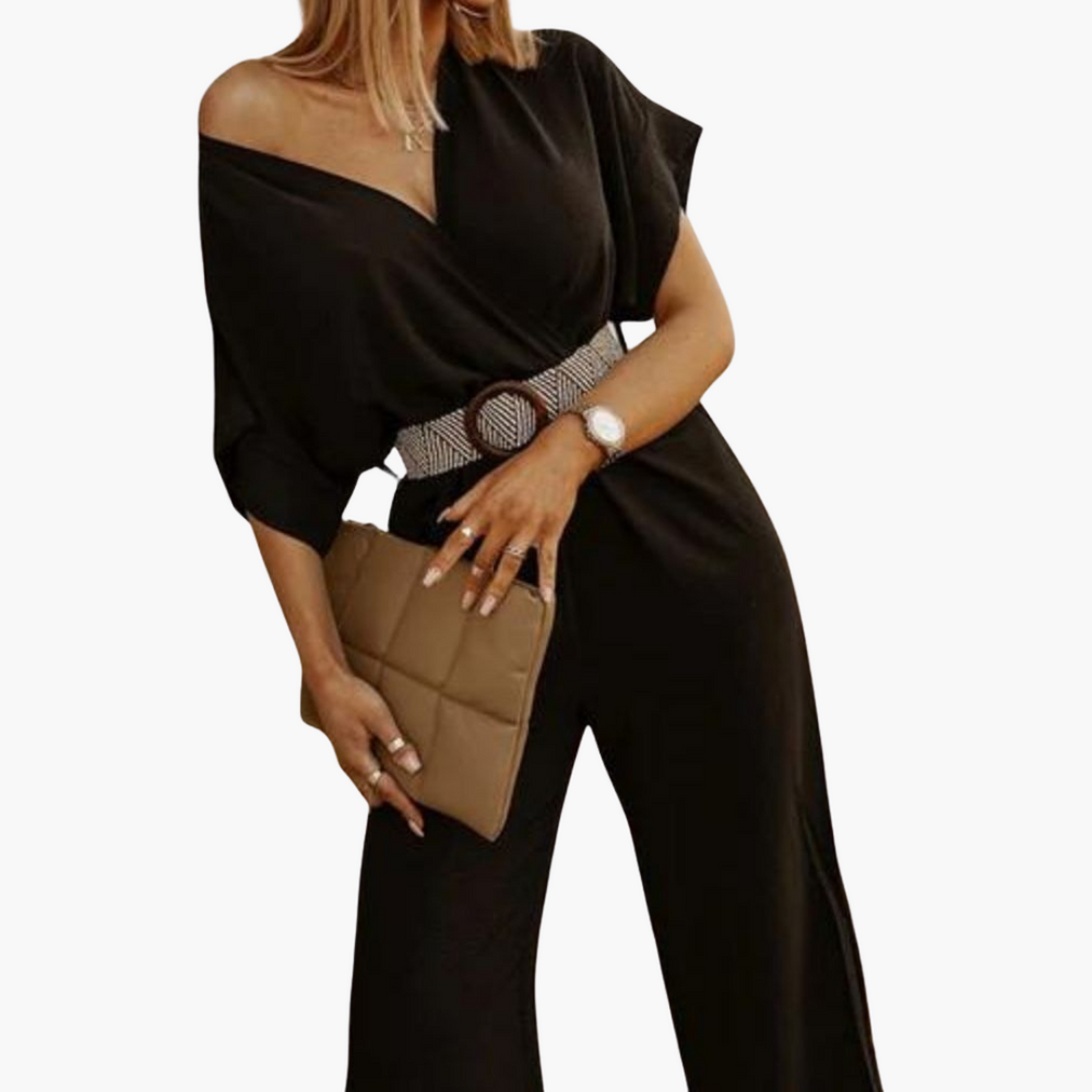Women's V-neck Jumpsuit with Belt, Wide Legs and Short Sleeves