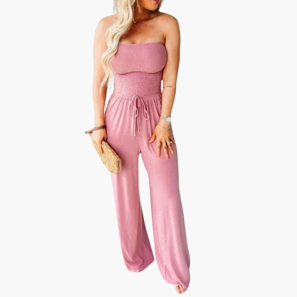 Women's Strapless Wide Leg Jumpsuit with Gathered Waist