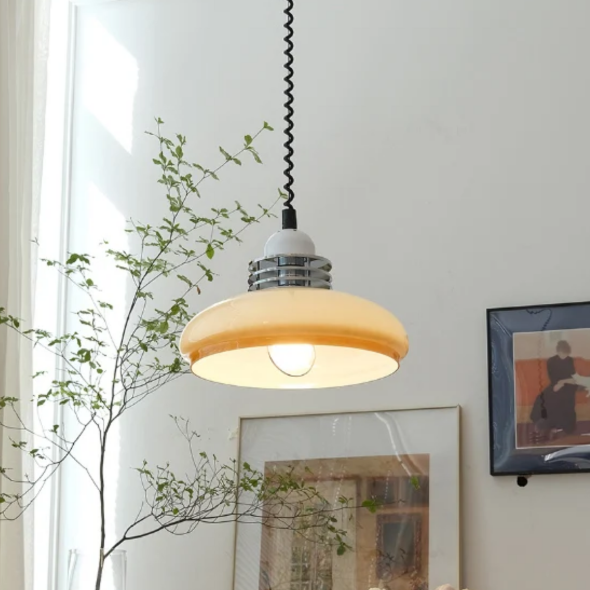 Bauhaus Glass Pendant Lamp | Round Orange Shade | G9 Ceiling Light | Adjustable Hanging | Modern Decorative Lighting