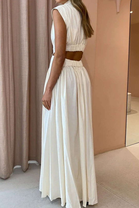 Mock Neck Cut Out Pleated Maxi Dress 