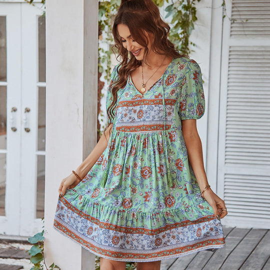 Summer women's boho dress with floral pattern