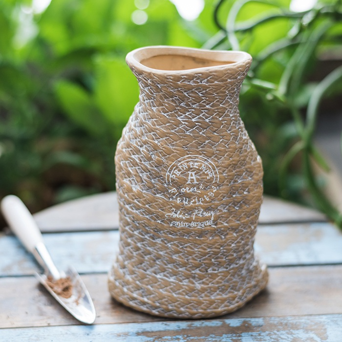 Rustic Ceramic Plant Pot Terrana Jute | Hemp Bag Design with Rope Handles | Indoor Outdoor Decorative Accent | Garden Living Room