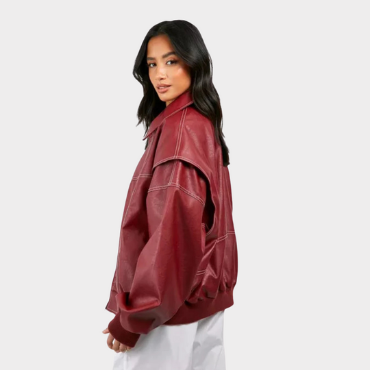 Women's Oversized Bomber Jacket | PU Leather with Contrasting Stitching | Zip-Up Jacket with Lining