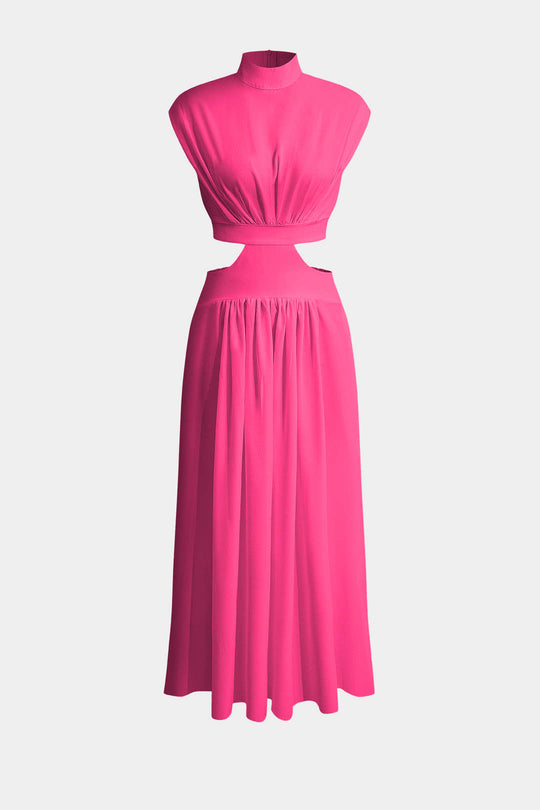 Mock Neck Cut Out Pleated Maxi Dress 
