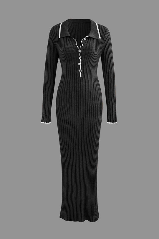 Collar Button Long Sleeve Knitted Maxi Dress 
