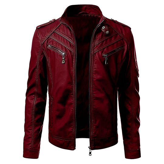 Men's Slim Fit Leather Jacket | With Zip Pockets and Stand-Up Collar | Modern and Structured Fit