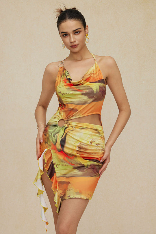 Abstract Print Halter Cowl Neck Split Mini Dress 