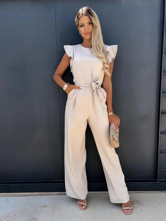 Elegant Women's Jumpsuit with Tie Belt - Comfortable Summer Outfit with Full Legs