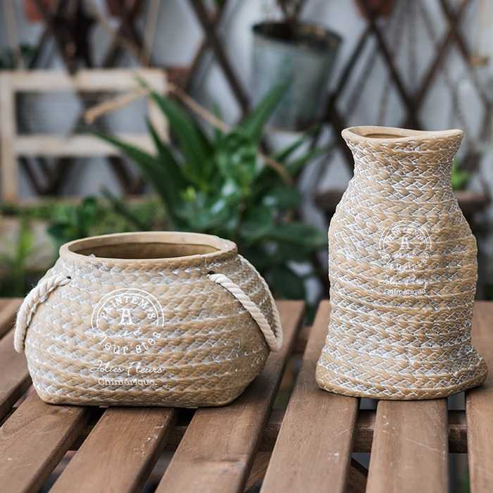 Rustic Ceramic Plant Pot Terrana Jute | Hemp Bag Design with Rope Handles | Indoor Outdoor Decorative Accent | Garden Living Room