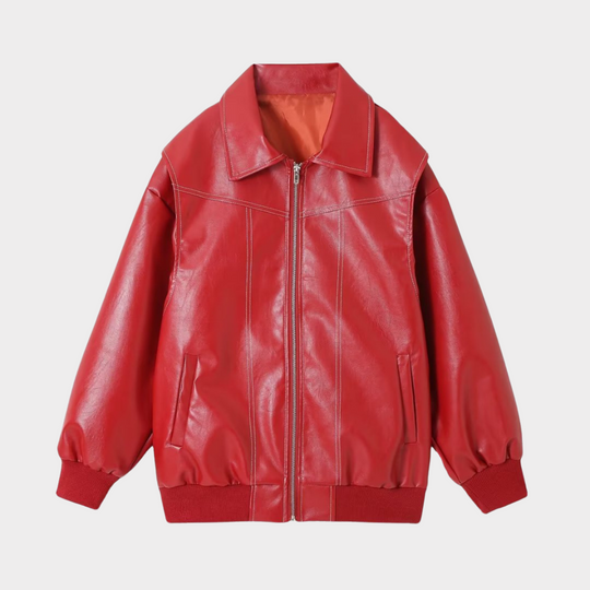 Women's Oversized Bomber Jacket | PU Leather with Contrasting Stitching | Zip-Up Jacket with Lining