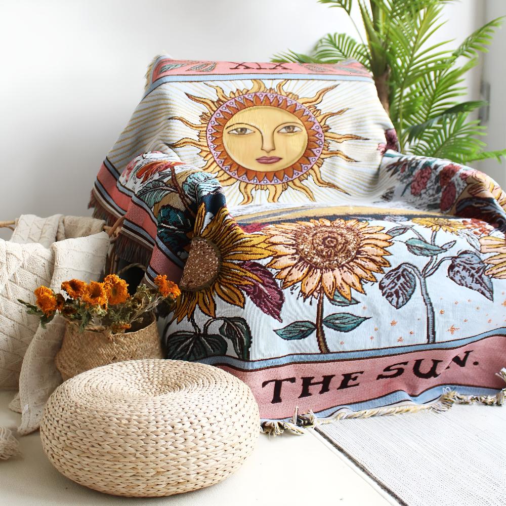 Boho Wall Tapestry Sun Tarot 130x160 cm | Jacquard Microfiber Throw | Spiritual Wall Hanging Blanket | Living Room Bedroom Decor