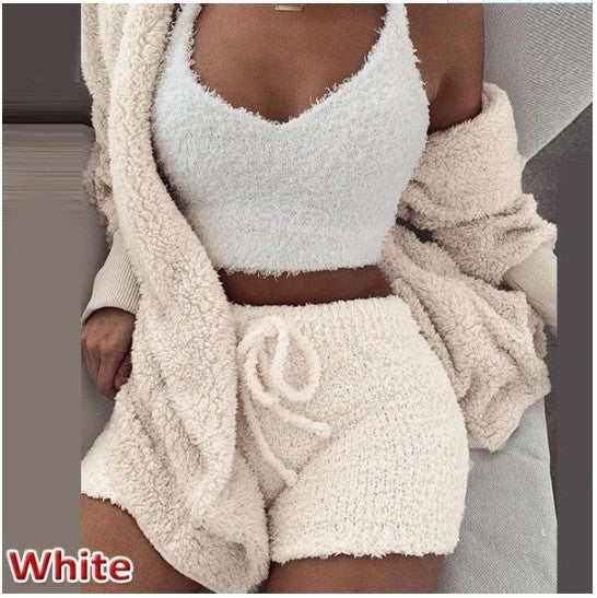 Women's 3-Piece Knitted Set | Hooded Cardigan | Top &amp; Shorts