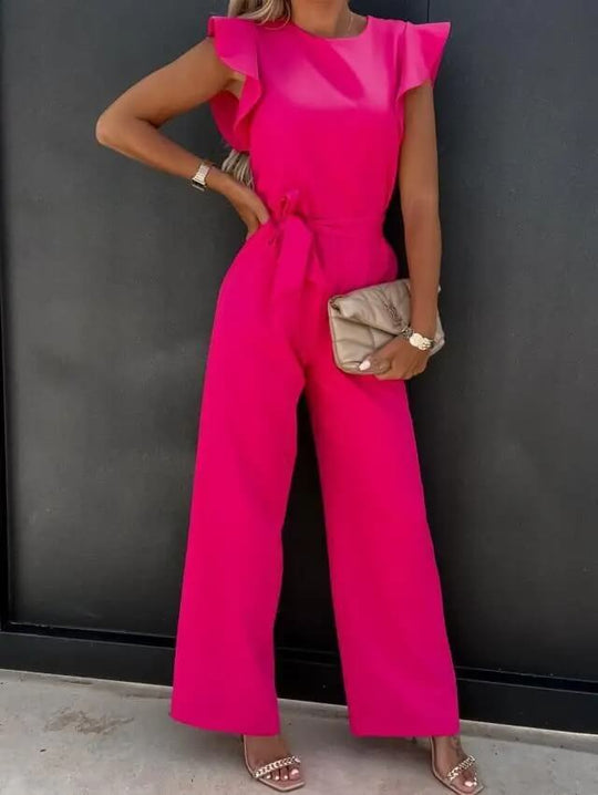 Elegant Women's Jumpsuit with Tie Belt - Comfortable Summer Outfit with Full Legs