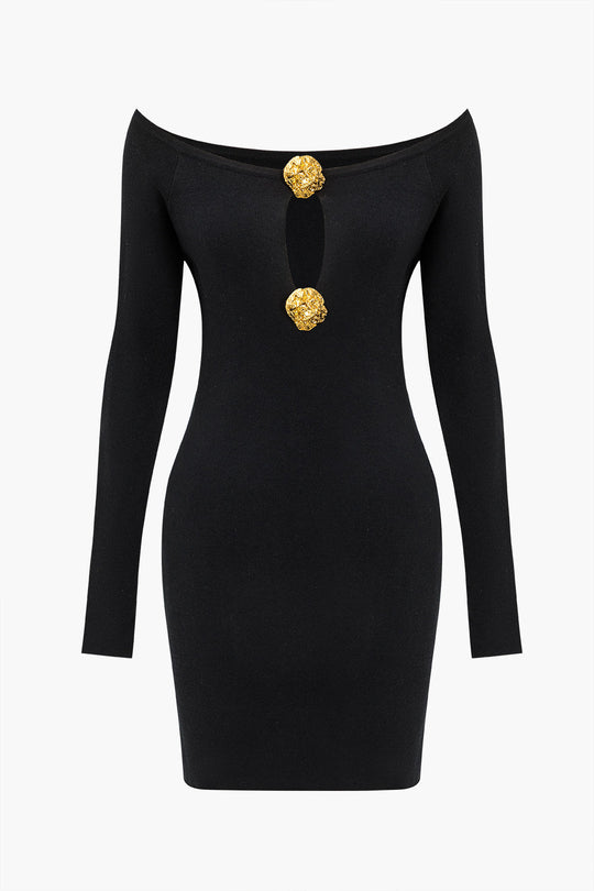 Plain Off Shoulder Button Round Neck Cut Out Mini Dress 