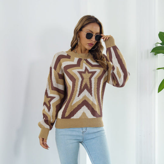 Star Fall Shoulder Sweater | Ribbed Crew Neck | Casual &amp; Chic Long Sleeves
