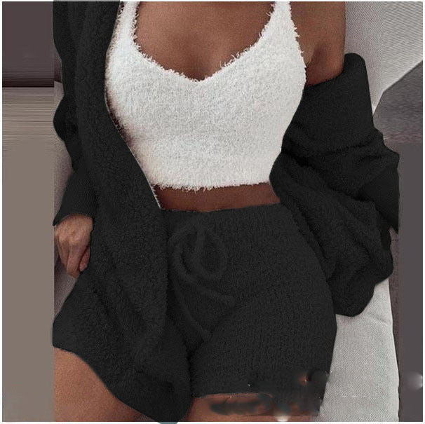 Women's 3-Piece Knitted Set | Hooded Cardigan | Top &amp; Shorts