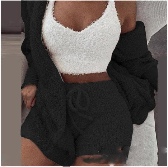 Women's 3-Piece Knitted Set | Hooded Cardigan | Top &amp; Shorts